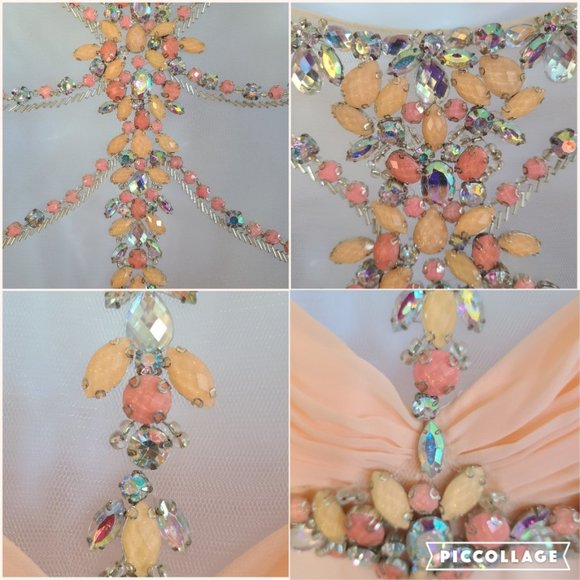 Rachel Allen Chiffon Beaded Illusion Long Prom Evening Dress Style 6934 Apricot - Picture 7 of 15